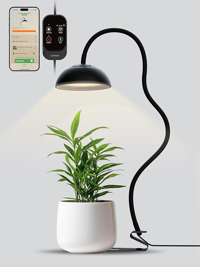 GLOWRIUM Smart Grow Lights for Indoor Plants10W Full Spectrum Plant Lights with Bluetooth App Control 360° Flexible Gooseneck Grow Lamp Auto Timer 3/9/12Hrs 10 Brightness for Small Plants Black