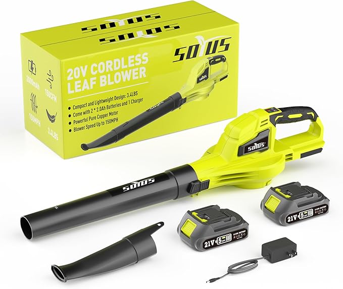 SOYUS Leaf Blower 20V Leaf Blower Cordless with 2x2.0Ah Battery and Charger 150 MPH Electric Leaf Blowers with Two-Speed Mode Blowers for Lawn Care Debris Dust Cleaning(Green)