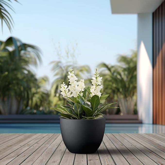 Kante 14.2 Inch Round Concrete Planter - Classic Large Indoor/Outdoor Plant Pot with Drainage Hole and Rubber Plug Suitable for Gardens and Patios Black