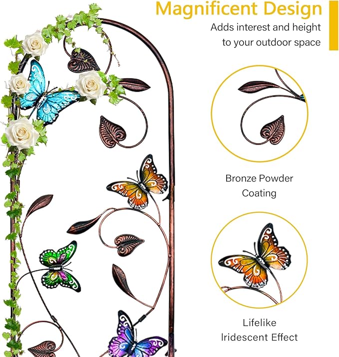 aboxoo Set of 2 Packs Butterfly Metal Garden Trellis for Climbing PlantsOutdoor Decorative Flowers Arch Fence Trellis for Outdoor PatioGardenLawnYardBackyardWall Brackets60'' H x 11'' W
