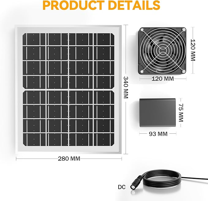 Chronoseek Solar Exhaust Vent Fan with 10000mAh Battery Backup for Outdoor Chicken Coops-Window Fan with 15W Waterproof Solar Panel3500 RPM Day or Night Solar Exhaust Fans for GreenhouseShedCamping