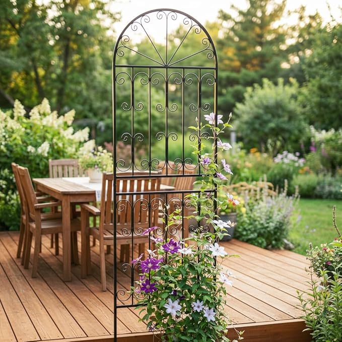SCENDOR 1 Pack 82.7 H x 26.7 W Extra Tall Arched Metal Garden Trellis - Heavy-Duty Black Iron Scrollwork Fence for Climbing Vines Roses and Ivy - Decorative Privacy Screen for Patio and Backyard