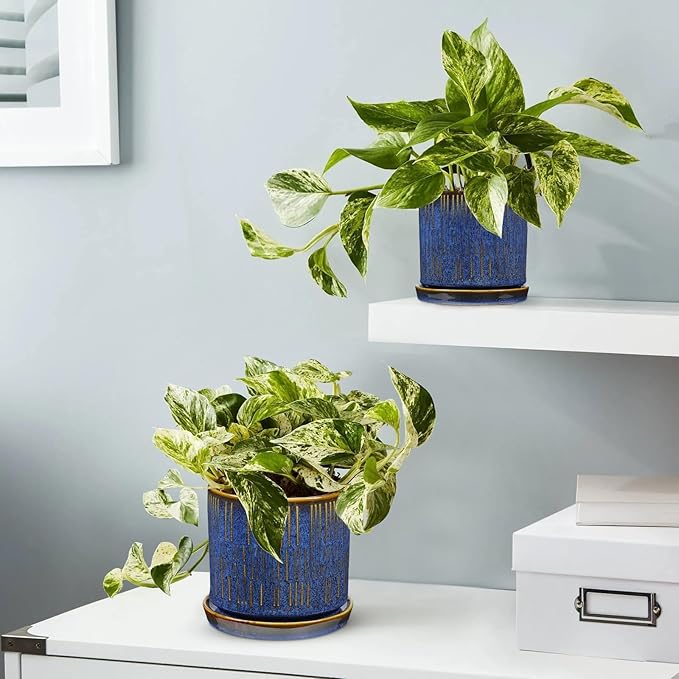 Ceramic Plant Pots with Drainage Holes Set of 2 4.3+5.1 Inch Stripe Garden Planter Pots for Outdoor Indoor Plants Flower Round Succulent Orchid Flower Pot Blue