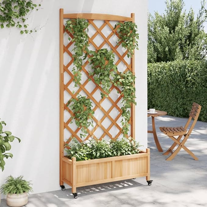 Wood Planter Box with Trellis and Wheel Outdoor Raised Garden Bed for Climbing Plants Free-Standing Trellis Planter Box 35.4x13.8x73.8 Brown Solid Wood Fir