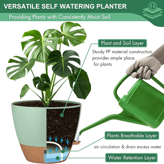 montresor 12/10/8 Inch Self Watering Pots for Indoor Plants Plastic Large Pot for Outdoor Plants Water Level Window &amp Spacious Reservoir Flower Pots Decorative Planter with Drainage and Tray