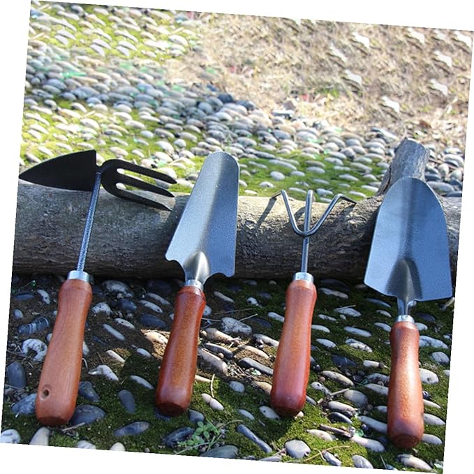 Beaupretty Garden Tool Set 4pcs Mini Spade Shovel with Extended Narrow Blade 3-Prong Cultivator Dual-use Hoe Rake and Soil Scoop for Precise Weeding and Planting in Pots and Gardens