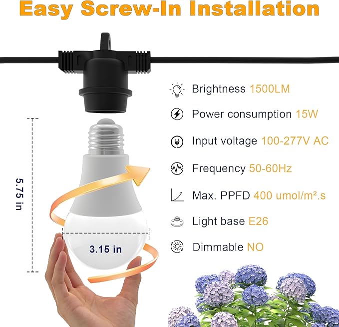 LED Grow Light Bulbs on a 22 ft Rainproof String 90W Waterproof Full Spectrum Hanging Plant Growing Lamps E26 Base for Backyard Garden Farm (6 Lights)