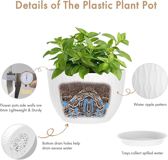 12 Inch Large Plant Pots for Indoor or Outdoor Plants Wide Water Ripples Flower Pots with Drainage Holes &amp Saucer Plastic Planters Set for Garden &amp Home Decor (White)