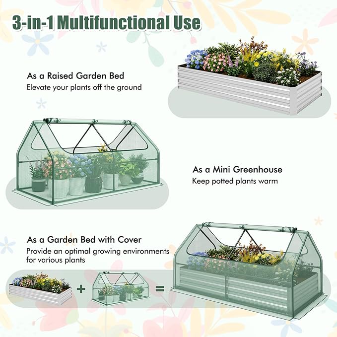Giantex Galvanized Steel Raised Garden Bed with Mini Greenhouse Outdoor Metal Planter Box Kit with Large Roll-up Cover 71x 35.5x 36 Planter Raised Bed for Flower Vegetable Fruit (Green &amp Silv