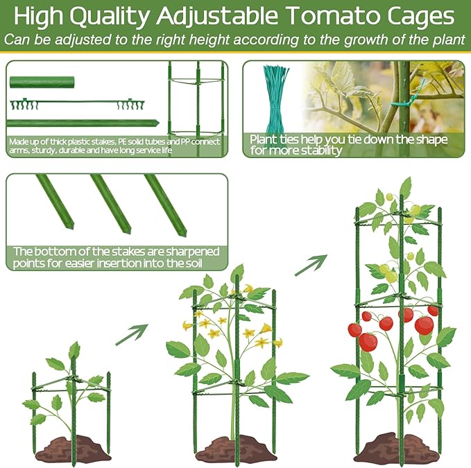 Halatool 8 Pack Tomato Cages for Garden Up to 48in(4FT) Adjustable Tomato CageGarden Stakes Tomato Trellis for Pots Green Tomato Plant Support with Snap-On Arms for Vegetables Plants(6 Buckles)