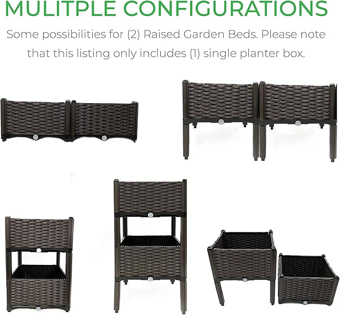 Raised Garden Planter Resin Elevated Flower Bed Box Kit for Vegetable Flower Herb Gardening | 16 X 18 Wicker Pattern Brown