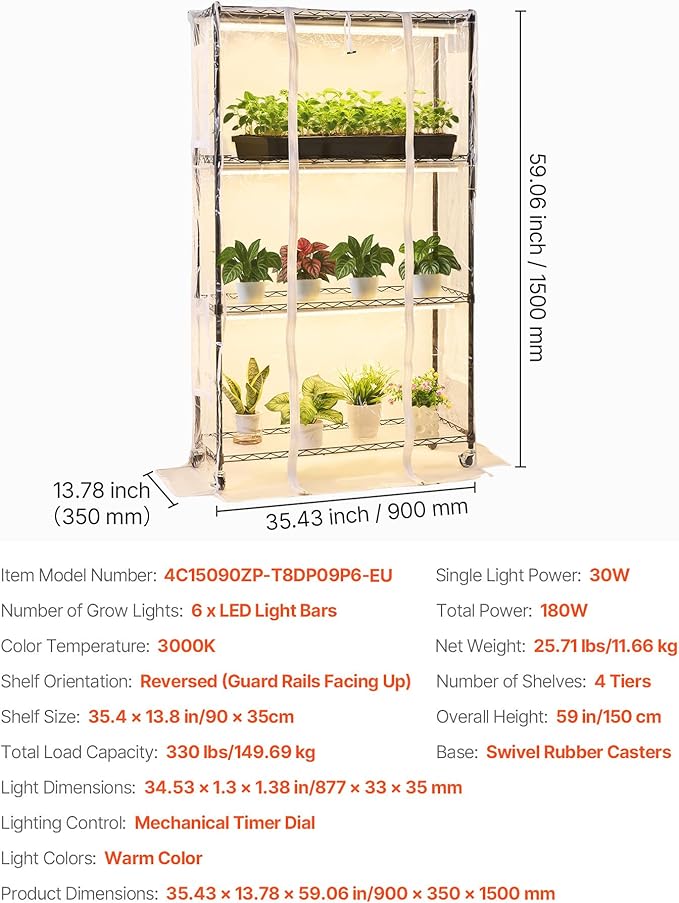 VEVOR Indoor Greenhouse with Grow Light 59 in Tall 4-Tier Plant Stand with Clear Cover Timer &amp Hygrometer 180W Full Spectrum Grow Lights Metal Lighted Plants Shelf Holder for Indoor Plants