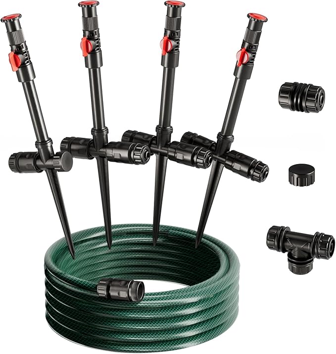 Flexible Sprinkler System Above Ground DIY Irrigation Kit Multi-Adjustable Lawn Sprinkler Set Ideal for Plant and Flower Bed Watering 50ft Garden Hose Included