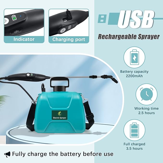 2 Gallon Battery Powered Garden Sprayer Electric Sprayer with USB Rechargeable Handle 3 Mist Nozzles Retractable Wand Water Pump Sprayers with Adjustable Shoulder Strap for Yard Lawn and Garden