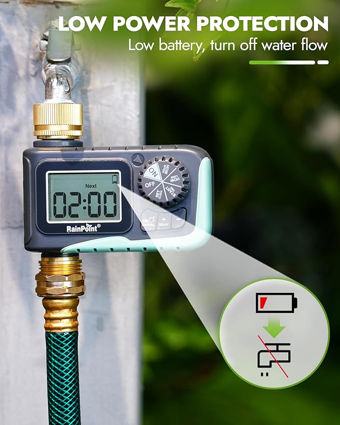 RAINPOINT Sprinkler Timer with Brass Inlet &amp Outlet Programmable Hose Timer for Garden Soaker Hose with Rain Delay/Manual Watering System Digital Drip Irrigation for Yard Lawn(2PCS)