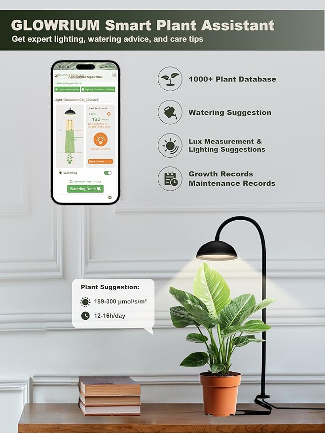 GLOWRIUM Smart Grow Lights for Indoor Plants10W Full Spectrum Plant Lights with Bluetooth App Control 360° Flexible Gooseneck Grow Lamp Auto Timer 3/9/12Hrs 10 Brightness for Small Plants Black