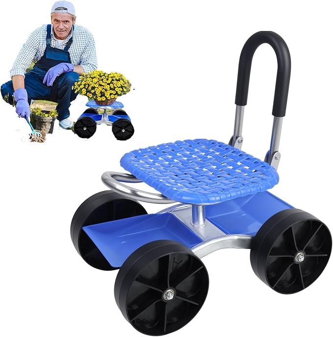 Garden Cart Rolling Stool with Four Wheels and Tool Bag 360° Rotation Stable Workseat Sturdy Cart Adjustable Seat Height &amp Direction for Outdoor Lawn Yard Patio Blue (Blue 1)