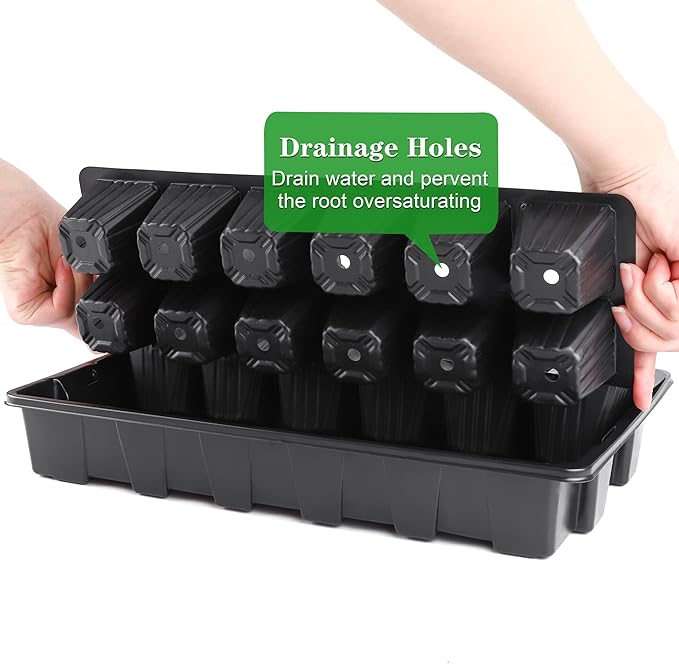 4 Pack 24-Cells Seed Starter Tray Kit Germination Tray with Humidity Dome and Base Plant Growing Kit Germination Starter Including Peat Pellets Plant Labels Tool for Indoor Outdoor Black