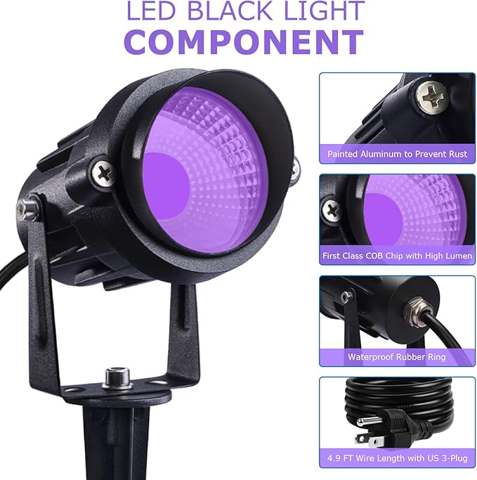 SUNVIE 4 Pack Black Light Spotlights 12W LED Outdoor Black Lights 120V Purple Lights for Glow Party Fluorescent Decorations