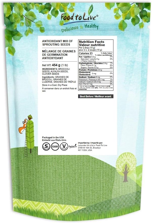 Food to Live Organic Antioxidant Mix of Sprouting Seeds 1 Pound – Non-GMO Broccoli Alfalfa Clover Rich Germination Rate Non-Irradiated Kosher Vegan Superfood Bulk Rich in Sulforaphane