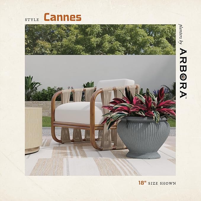 ARBORA 18 Cannes Urn Polyresin Indoor and Outdoor Planter with Stone Blend Concrete Gray Finish - Durable Weatherproof Lightweight Large Plant Pot for Patio Garden Deck Entryway