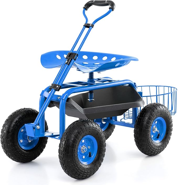 Garden Seat with Wheels Rolling Stool with Extendable Handle Storage Basket &amp Tool Tray Garden Scooter with 360 Degree Swivel Seat for Outdoor &amp Yard (Blue)