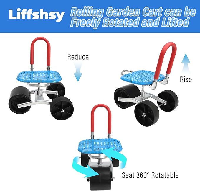 Rolling Garden Cart with Seat Yard Stool for Planting Rolling Scooter with 3 Wheels Adjustable Seat Height 360° Degree Swivel Yard Chair