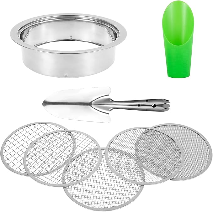Soil Sifter Garden Sieve Soil Sieve Garden Soil Sifter Compost Sifter Bonsai Soil Sieve Rock Sifter Soil Sifter Fine Screens Shovel Set with 5 Interchangeable Filter Mesh Sizes 1/3/6/9/12mm