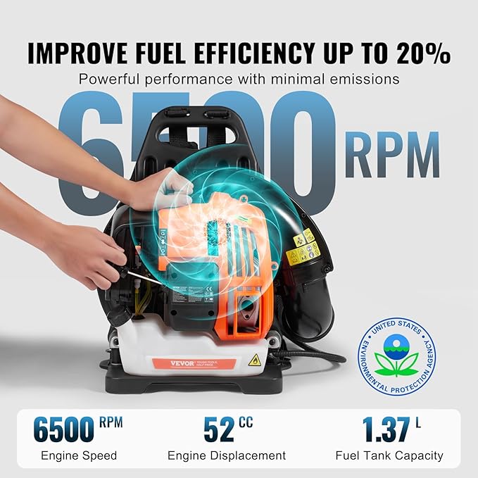 VEVOR Backpack Leaf Blower 52CC 2-Cycle Leaf Blower with 1.37L Fuel Tank 480CFM Air Volume 175MPH Speed Ideal for Lawn Care Leaf Cleaning and Snow Removal