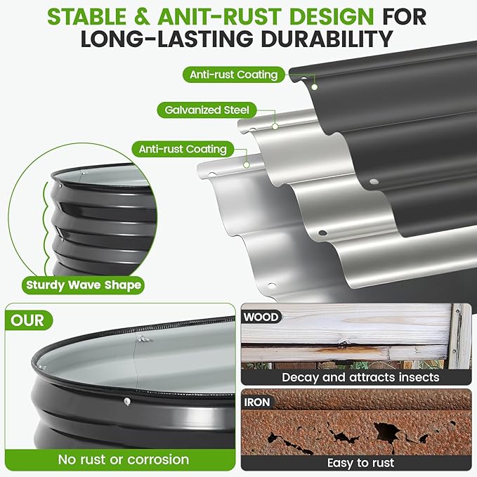 Galvanized Raised Garden Bed Outdoor |17'' Tall Planter Box Outdoor for Deep Root Plants | 3Pcs Raised Bed Kit for Gardening with Rubber Strip for Vegetables Flowers Fruits (Darkgrey 4x2x1.4FT)