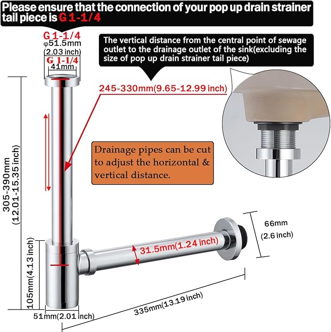 RANDOM Brass Round Bottle P-Trap 1 1/4Raise and Lengthen Adjustable Basin Sink Waste Drain Trap KitChrome.RD-83888C-L