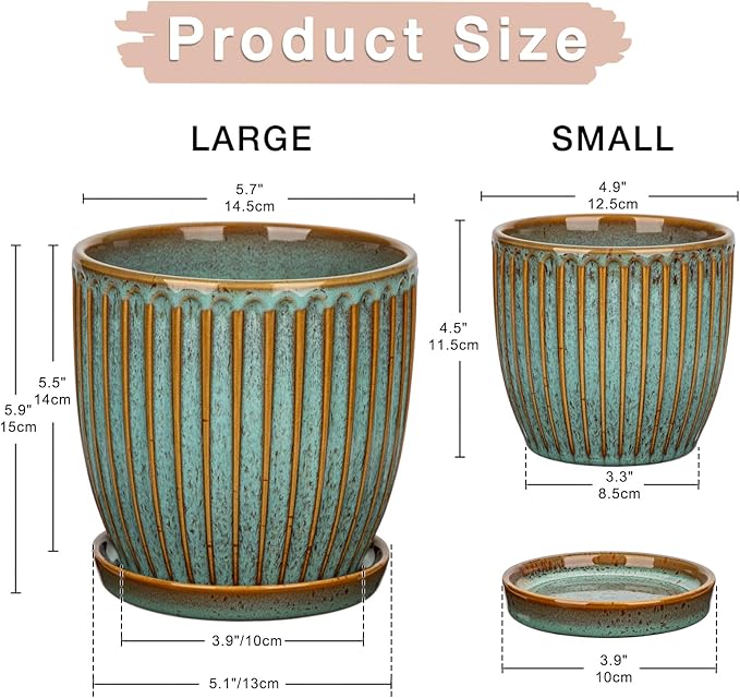 Oairse Ceramic Pots for Indoor Plants 4.9 + 5.7 Inch Set of 2 Bluish Grey With Drainage Holes and Saucers Texture Planters for Succulent Indoor Outdoor Flower