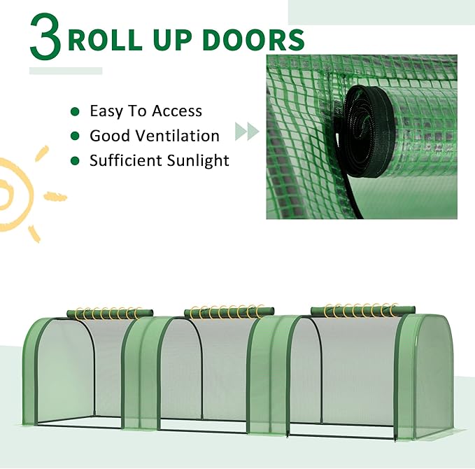 Outsunny 10' x 3' x 2.5' Mini Greenhouse Portable Tunnel Green House with Roll-Up Zippered Doors UV Waterproof Cover Steel Frame Green