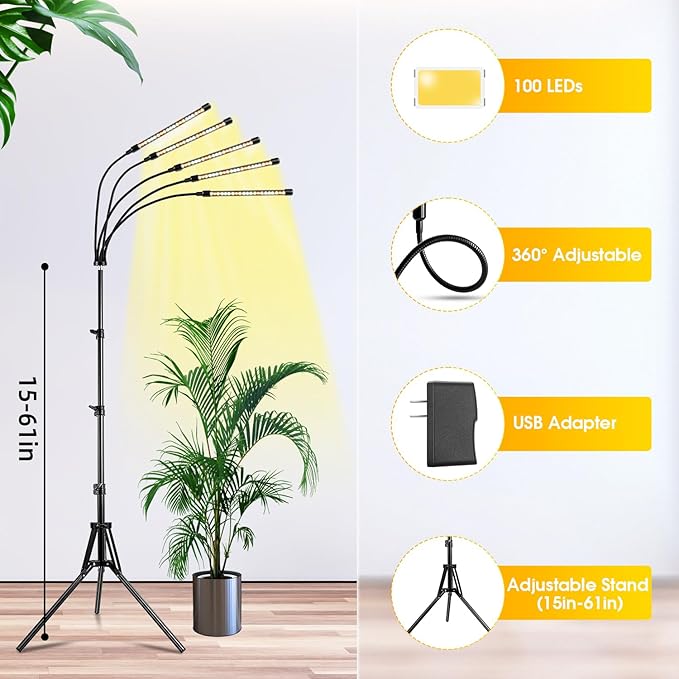 Wolezek Grow Lights for Indoor Plants 2 Pack Full Spectrum Plant Light with Adjustable Stand 5-Head LED Grow Light with Auto 6/12/16H Timer 5 Brightness Levels Ideal for Large &amp Tall Plants
