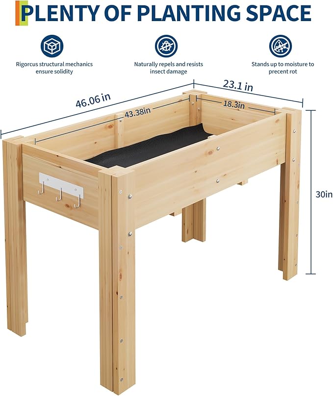 4x2.5x1.8 Ft Elevated Garden Bed with Legs &amp Hooks - 47x30x22 Inch Ergonomic Height Raised Planter Box for Vegetables &amp Herbs - Large Outdoor Patio Planter with Stand &amp Liner