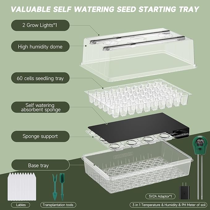 Self-Watering Seed Starter Tray with Grow Lights 60 Cells Seed Starter Kit Full Spectrum Grow Light for Seed Starting Timing Set Germination Tray Grow Kits with High Humidity Domes