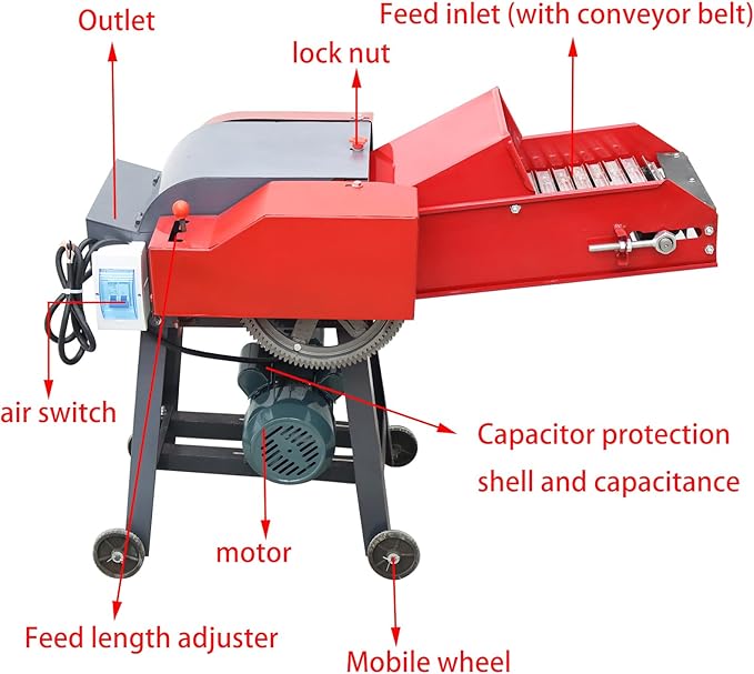 220V 6-Blade Hay Cutter with Conveyor Belt Crop Straw Breaker with Air Switch Grass Crusher Grass Chaff Cutting Machine 500-1000KG/H 3KW