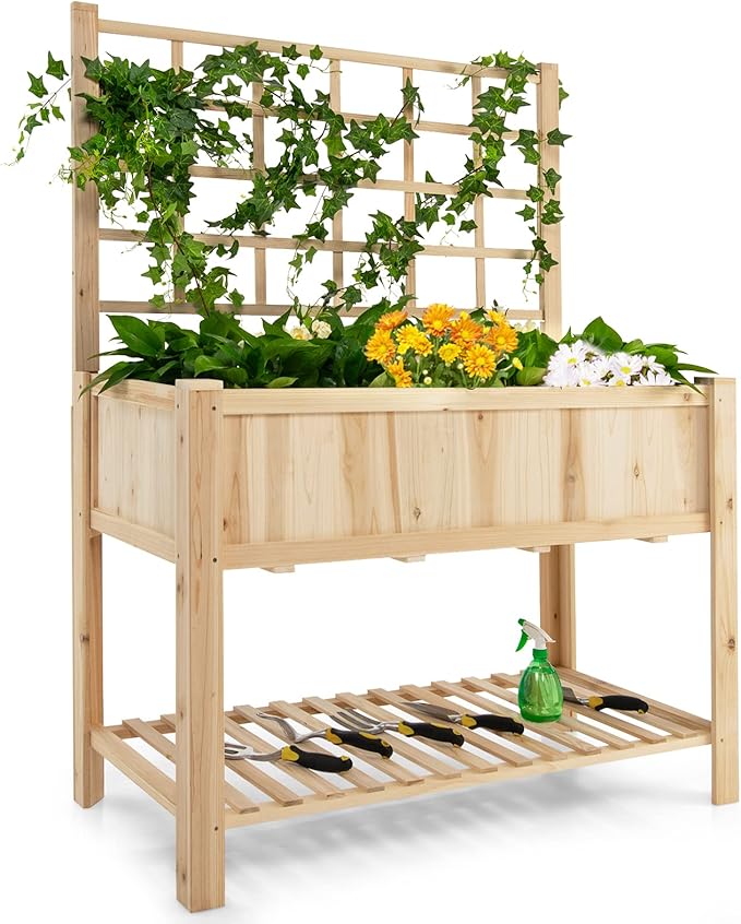 Giantex Wood Planter with Trellis Standing Raised Garden Bed Liner Storage Shelf Elevated Plant Box Stand for Climbing Flower Vegetable Herb Indoor Outdoor Patio Lawn Balcony
