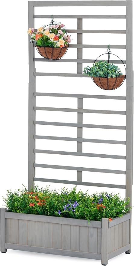 Raised Garden Bed with Trellis Outdoor Wooden Planter Box for Climbing Plants Vegetables Herb Growing