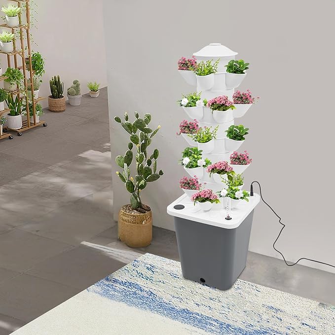 Hydroponic Growing System(No Seedlings Included) 25-Pod Hydroponic System12V 3W Outdoor Indoor Vertical Garden Home Gardening System for Indoor Herbs and Vegetables (Grey)
