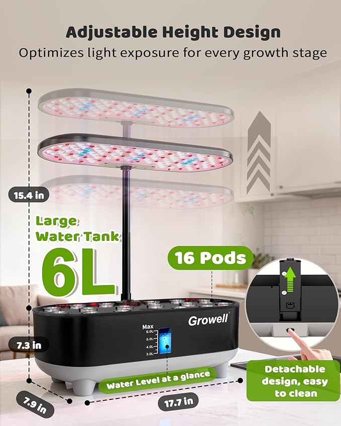 Hydroponics Growing System Kit 16 Pods Vertical 8L Indoor Gardening System for Herb Vegetable Fruit with LED Grow Light Smart Water Circulation 3 Light Modes &amp 2 Timer Black