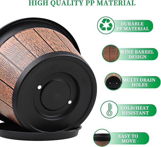 Quarut Large 4 Pack 16 inch Plant PotsWhiskey Barrel Planters with Drainage Holes &amp SaucerPlastic Decoration Flower Pots Retro DesignPlanters for Outdoor Indoor Garden Balcony Plants (Brown)