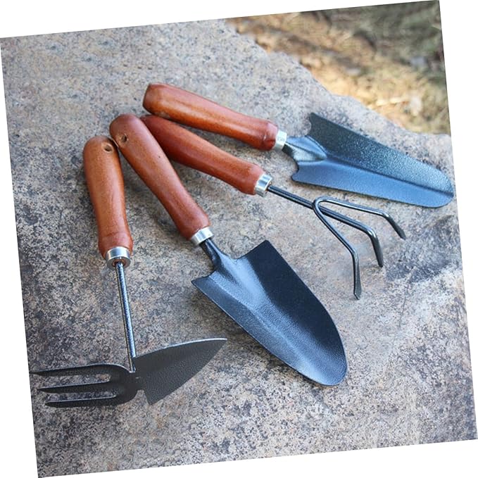 Garden Tools Set Mini Stoving Varnish Shovel with Thickened Iron Spade and Wooden Handle for Planting and Weeding 4pcs Gardening Hand Tool Kit for Patio and Lawn Care