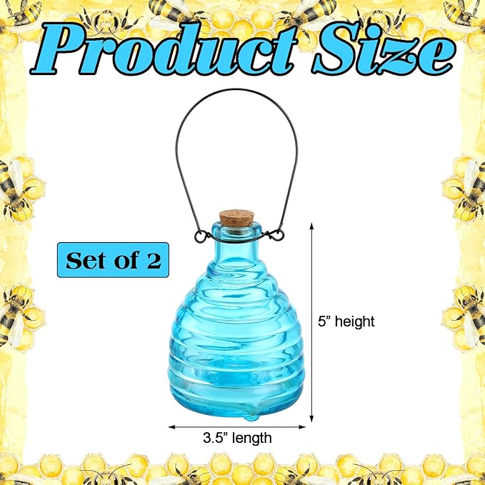 2 Pieces Glass Wasp Trap Outdoor Hanging Reusable Wasp Traps with Steel Hooks Yellow Jacket Catchers Trap for Outside Garden Farm Courtyard Garden Blue