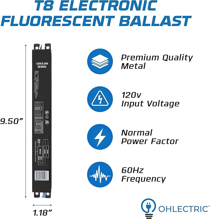 OHLECTRIC Ballast T8 2-Lamp (6-Pack) Replacement for Robertson ISU232T8120 Electronic Fluorescent Ballast for 1 or 2 T8 Fluorescent Lamps Between 17W-32W or 1 F40T8 Lamp Instant Start 120V