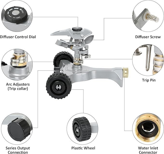 STYDDI Metal Pulsating Sprinkler on in-Series Metal Wheeled Base Adjustable Circular Water Sprinkler for Medium to Large Circular Lawn Yard Garden and Large Areas Coverage up to 6360 Sq. ft