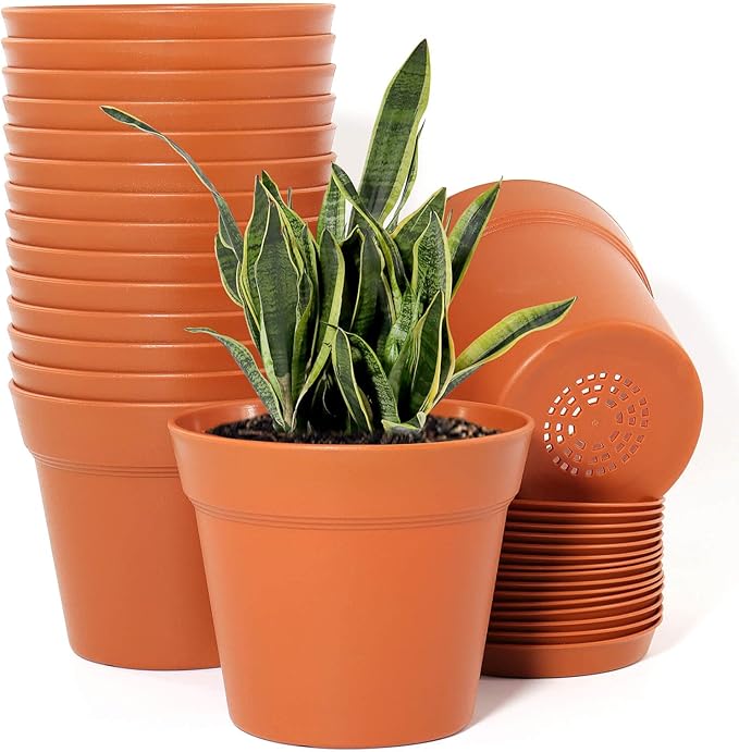 WOUSIWER 16 Pack 6 inch Plastic Planters Plastic Indoor Planter Flower Pots Heavy Duty and Stylish 6 Inch Plant Pots for Indoor Plants with Drainage Holes and Tray for Plants Flowers Terracotta