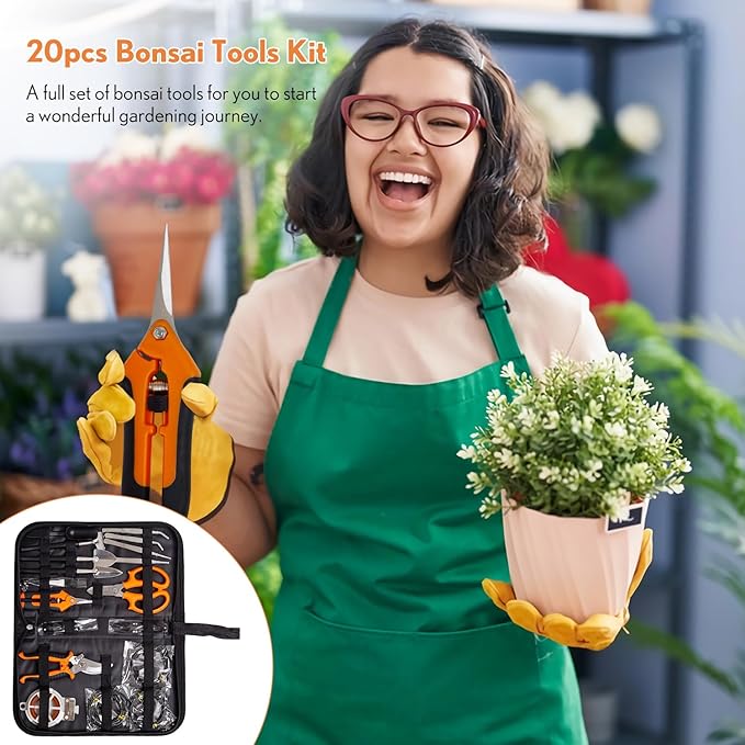 Bonsai Tools Kit 20 Pcs Garden Tools Set for Beginner Gardening Gift for Women Men Includes Bonsai Wire Kit Plant Mat Pruning Shears Bonsai Scissors Succulent Tools in Leather Storage Bag