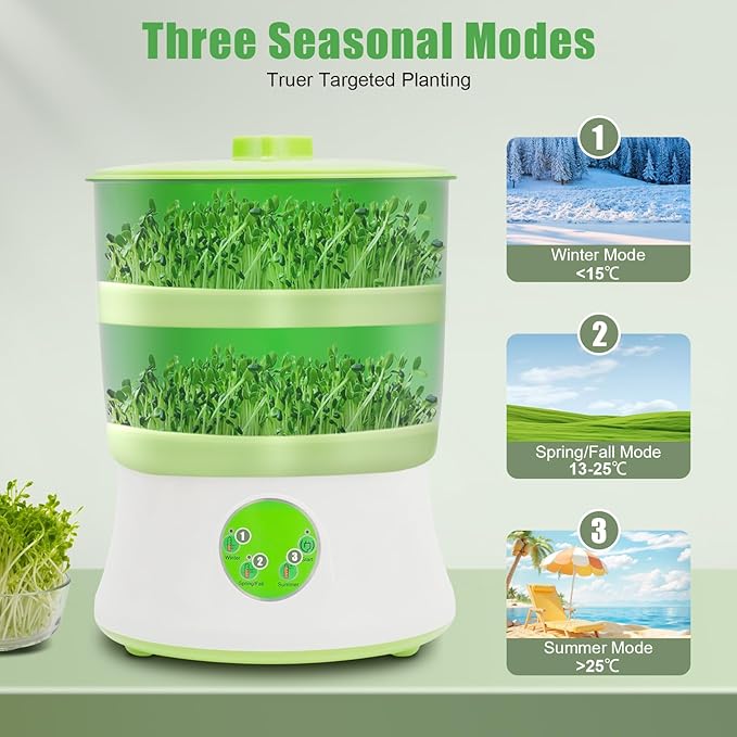 Bean Sprouts Machine 2 Layers Intelligent Automatic Bean Sprouts Maker 110V Bean Sprouts Growing kit with 360° Sprinkler &amp 3 Seasonal Modes for Radish Wheatgrass Broccoli Sprouts