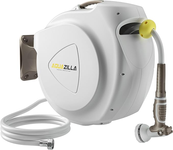 Retractable Garden Hose Reel 1/2 in 75+6ft Heavy Duty Wall Mounted Water Hose Reel Spring power Automatic Rewind Any Length Lock 180° Swivel Bracket 10 Pattern Spray Nozzle